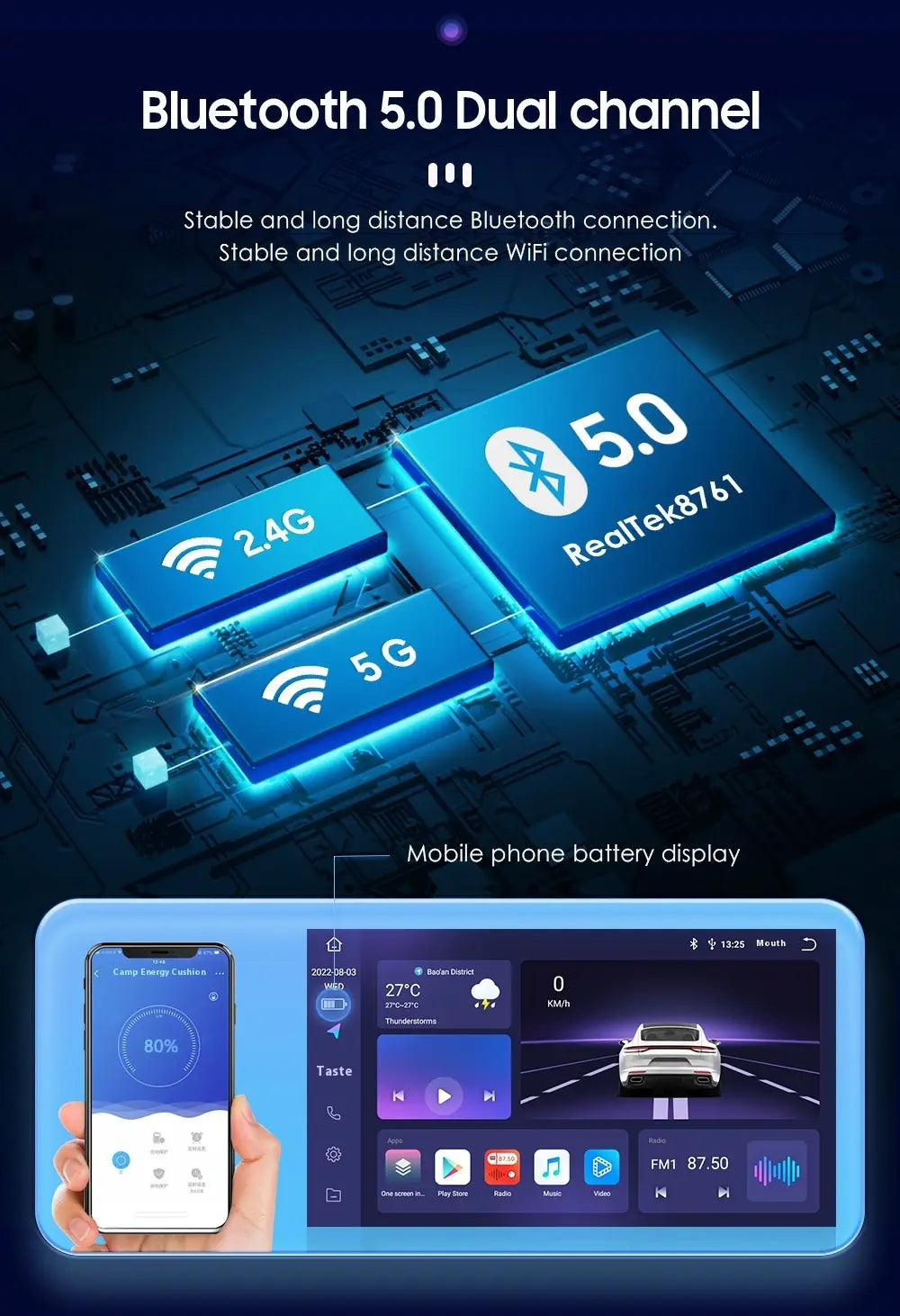 10.1 inch android car navigation 4glte version carplay featuring bluetooth 5.0 dual channel car stereo system with realtek8761 chip sleek touchscreen interface and smartphone connectivity for stable long-distance wifi 4glte version and bluetooth connections