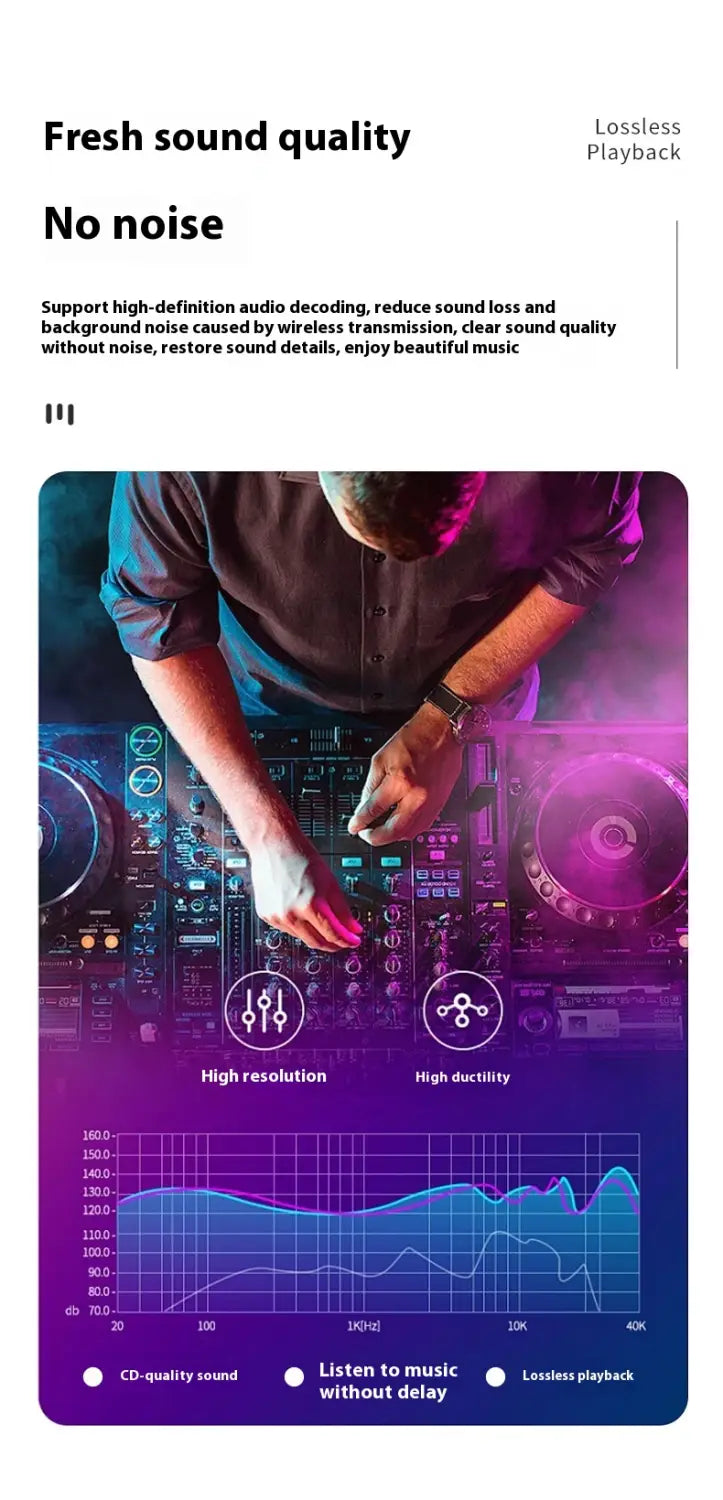 a sleek black wireless dj mixer with glowing purple and blue led accents featuring multiple knobs sliders and digital display panels for high-resolution audio playback paired with a 35mm bluetooth adapter for seamless car audio transmission