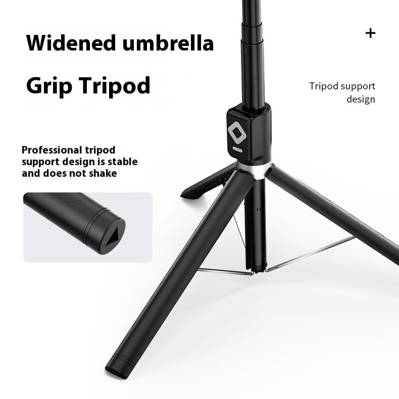 black tripod with widened umbrella grip design and professional support for stable shake-free use in t11 rechargeable black selfie stick with ring light