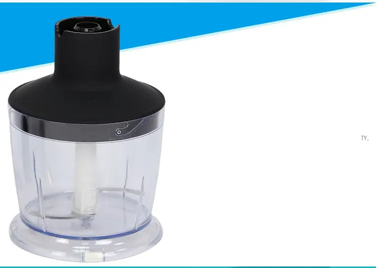 Black and transparent household handheld food blender with stainless steel blade and sleek modern design