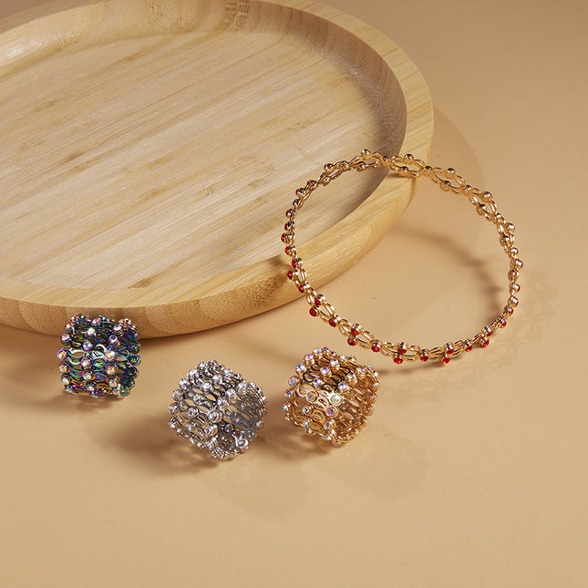 2 In 1 Folding Retractable Rings Bracelet Magic Rhinestone Rings Deformable Bracelet Women Ins Style Adjustable Fashion Jewelry - Royalessencelux