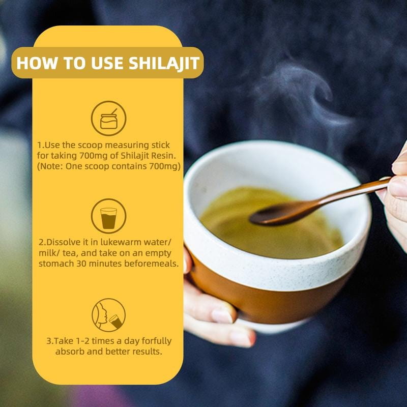 A steaming bowl of golden liquid held in hands with a wooden spoon resting inside illustrating the natural essence of Himalayan shilajit sugar-free chewables and shilajit gummies.