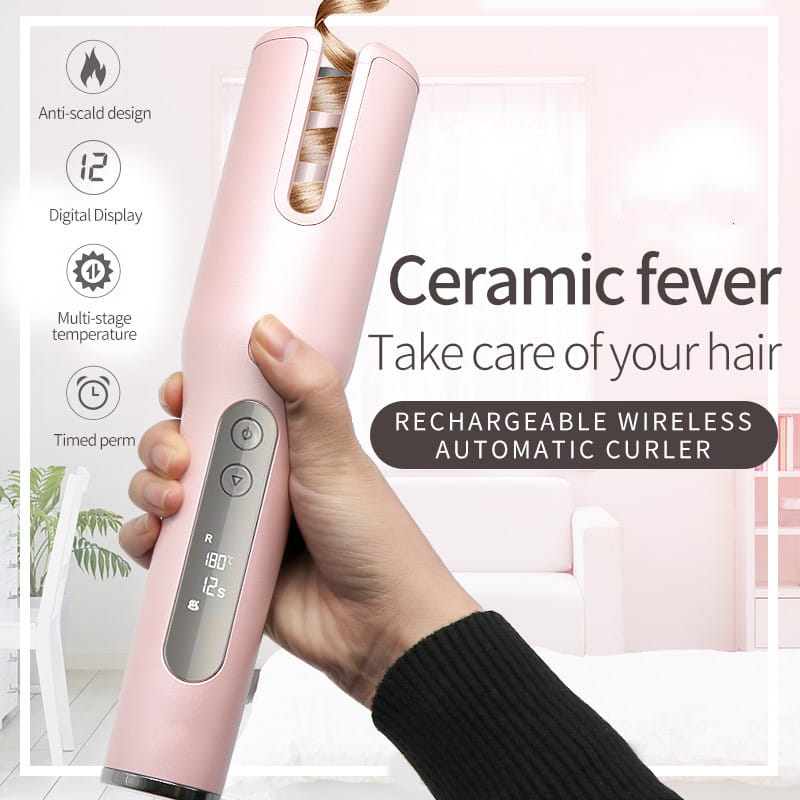 pink ceramic wireless automatic curler with usb lcd screen featuring temperature controls and digital display for easy styling