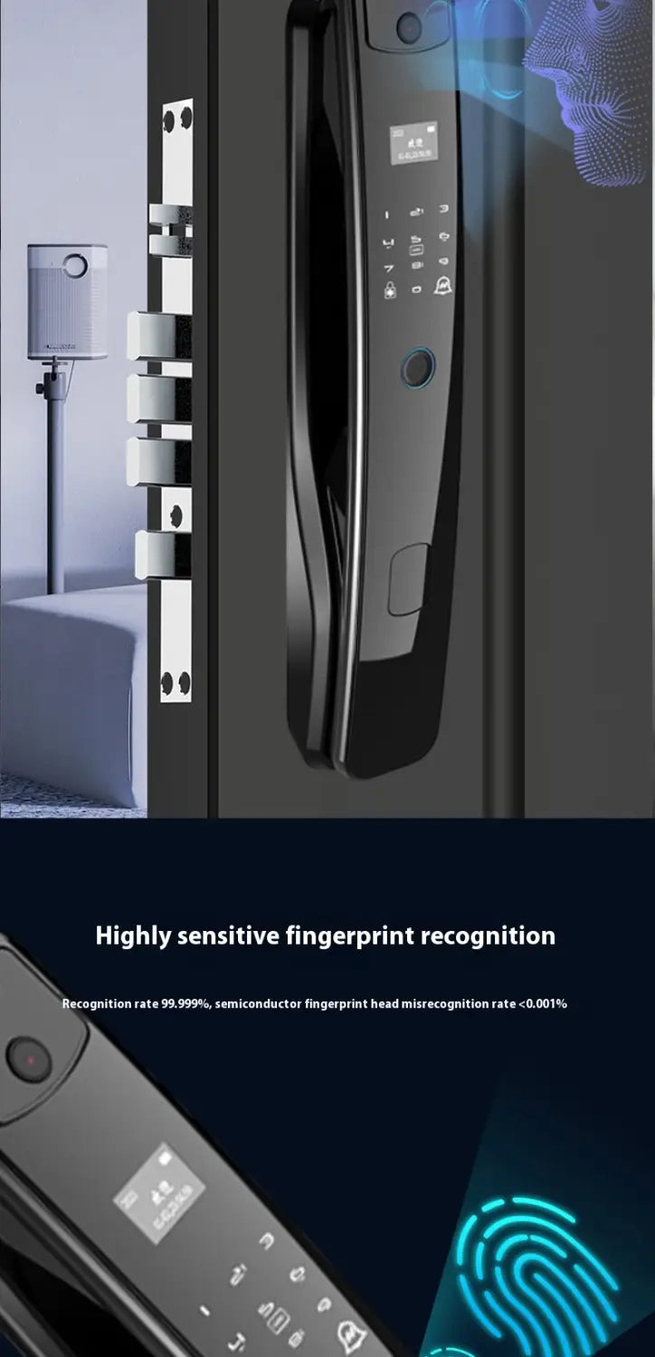 black home fully automatic fingerprint 3d facial smart door lock featuring a fingerprint sensor and digital keypad for secure access control.