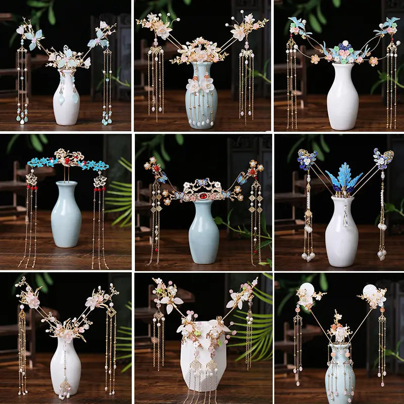 Elegant pink floral hanfu hairpin hairpin crown adorned with delicate beads pearls and gold-toned metalwork in pastel pink blue and white hues.