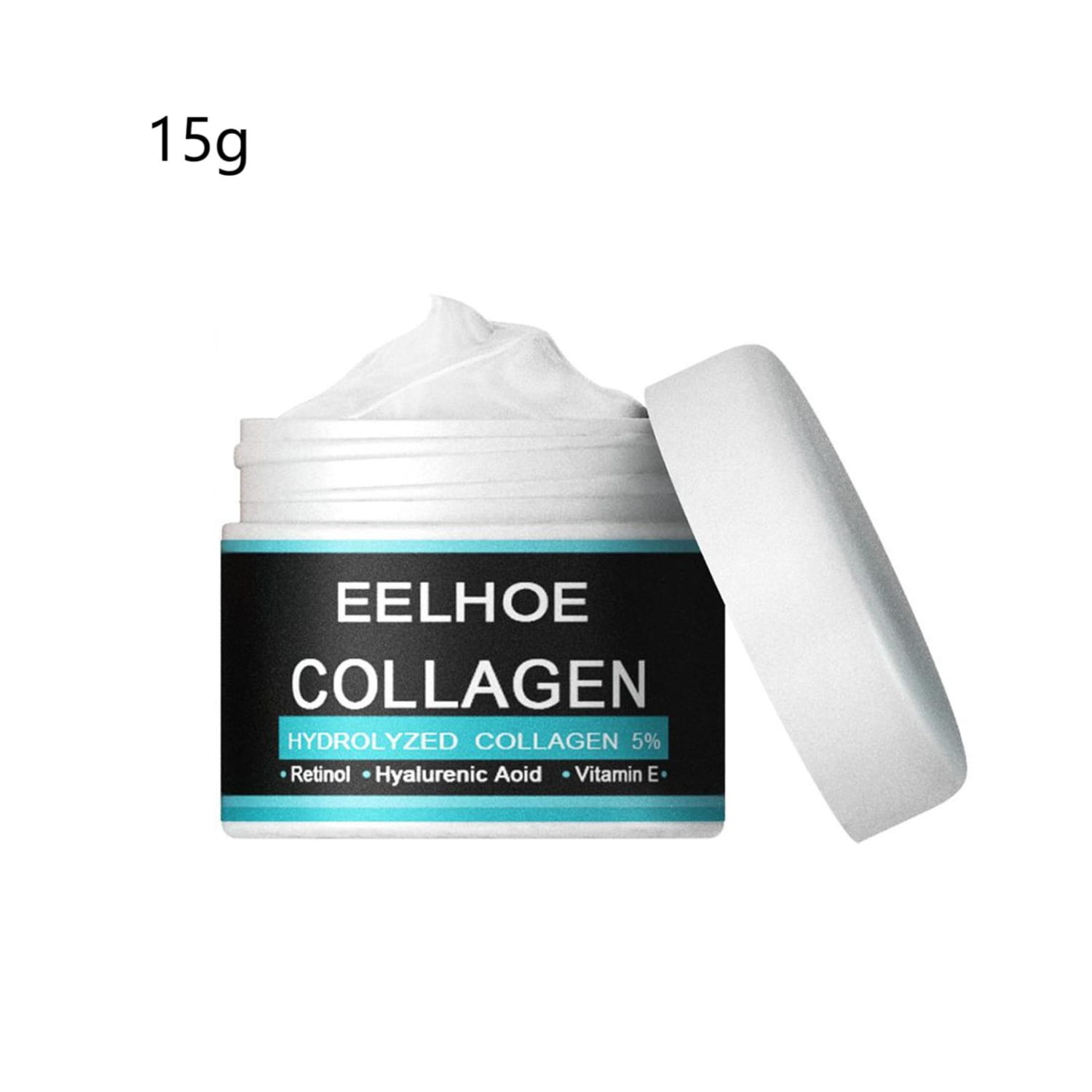 a white jar with a black and teal label containing 15g of men’s moisturizing nourishing skin collagen cream with 5% hydrolyzed collagen retinol hyaluronic acid and vitamin e