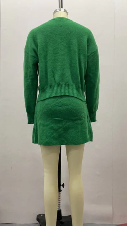 green long sleeve sweater skirt sets featuring a knit two-piece set with a cardigan and skirt with ribbed cuffs and hem for casual wear