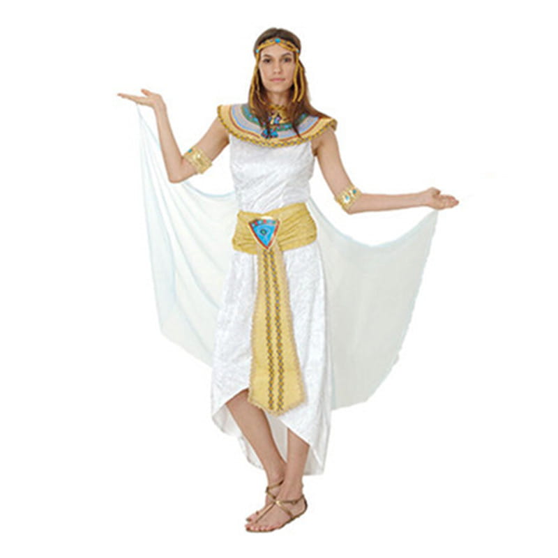 white and gold Egyptian goddess costume with embroidered details and a flowing cape for halloween celebration costumes featuring female makeup accents.