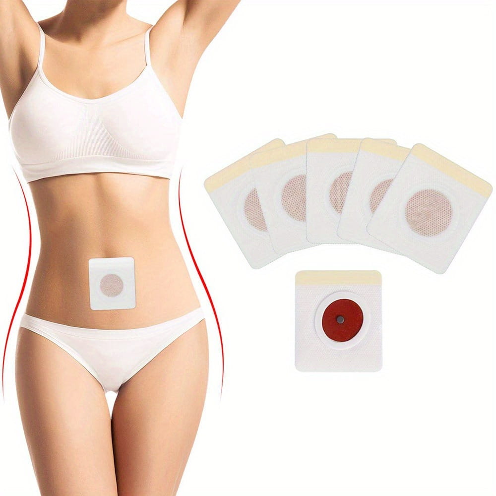 white square adhesive belly button patch with circular mesh center and red magnetic component designed for navel belly button slimming applications