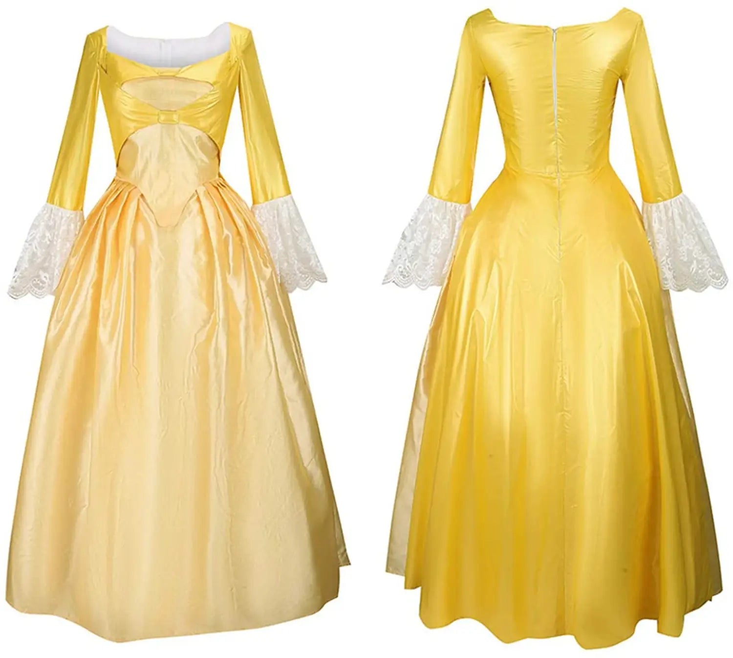 A shimmering gold satin victorian palace dress with white lace cuffs and a fitted bodice designed for palace dress stage and dress stage performance use.