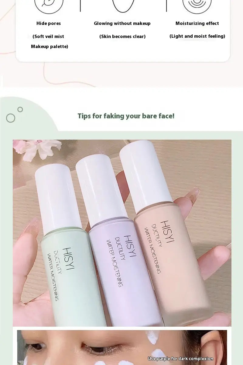 Three sleek hyysi silky clear makeup primer bottles with white caps and translucent bodies revealing light green, pale lavender, and beige silky clear foundation liquids in a three color set.