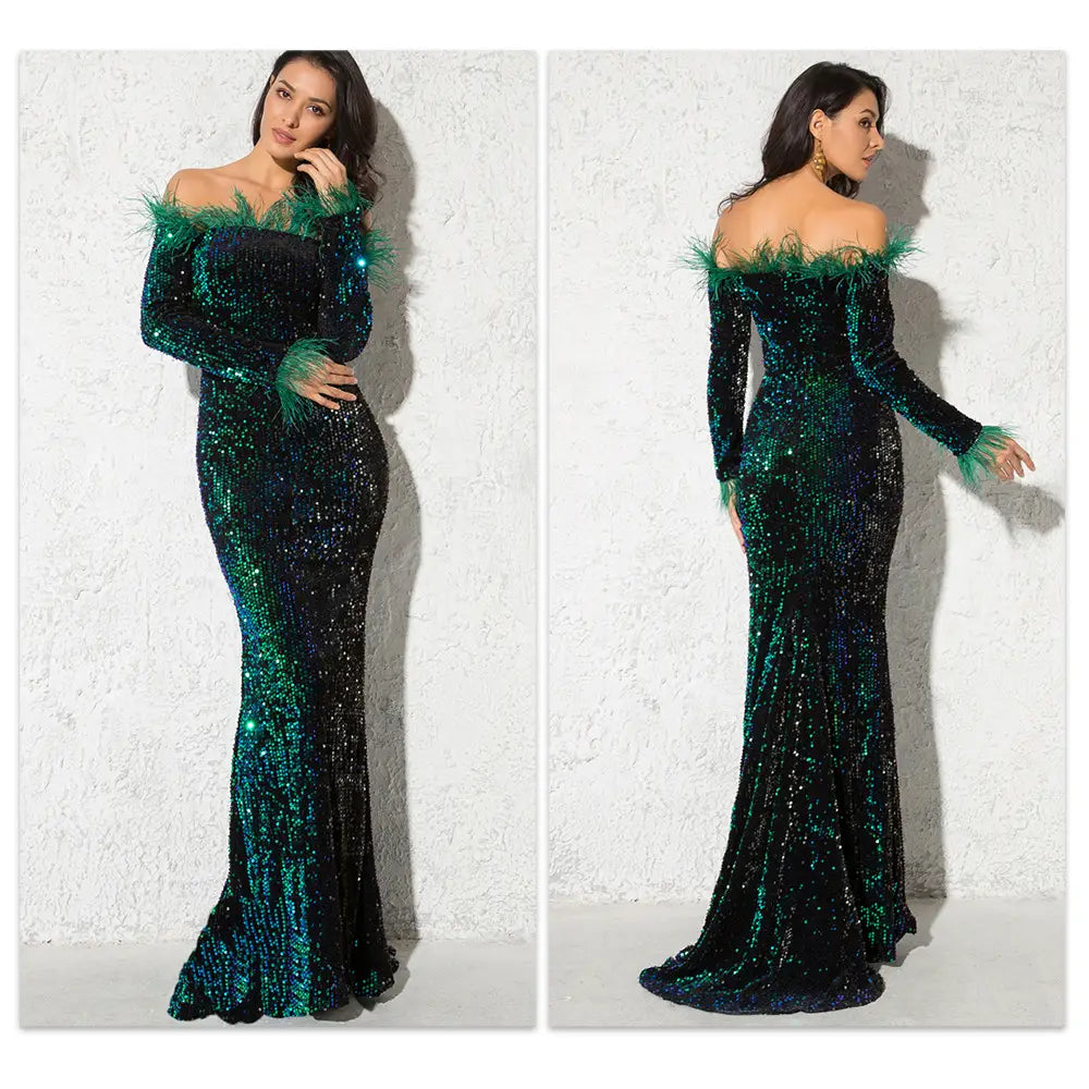 Emerald and black sequined off-the-shoulder fishtail party formal dress with feather trim designed for elegant party formal occasions.