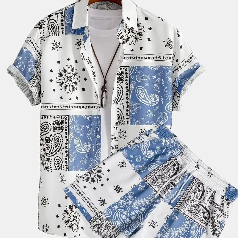 blue and white bandana-patterned short sleeve beach shirt set designed as part of an orange palm print short sleeve beach shirt suit.