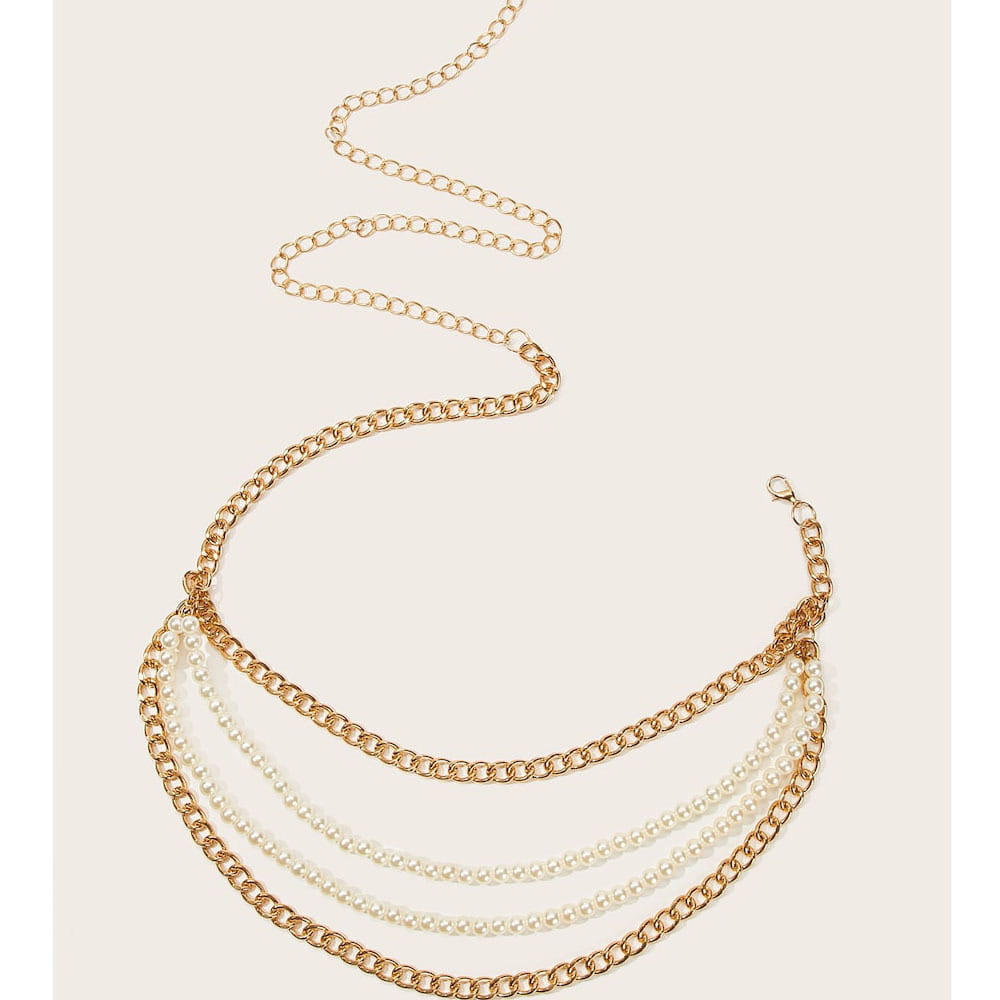 Gold-toned waist chain jewelry accessories waist featuring three layered strands of white pearls and matching metal chains.