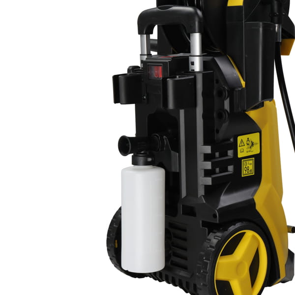yellow high pressure cleaning machine with hose reel featuring a black and yellow pressure washer and a white detergent tank mounted on the side for efficient pressure cleaning.