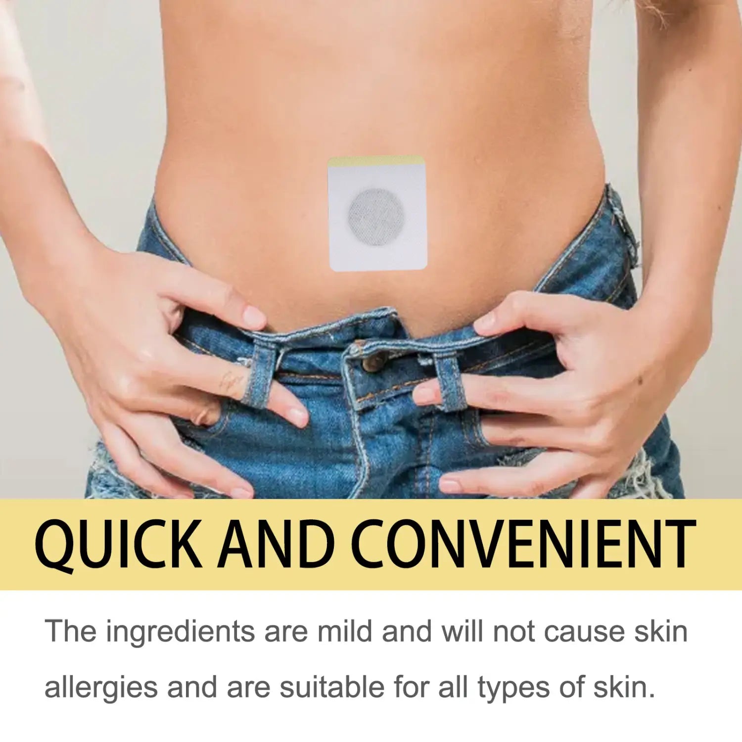 a square white adhesive bee venom lymphatic slimming patch with a circular gray center is affixed to the person’s lower abdomen for body tightening and slimming patch use