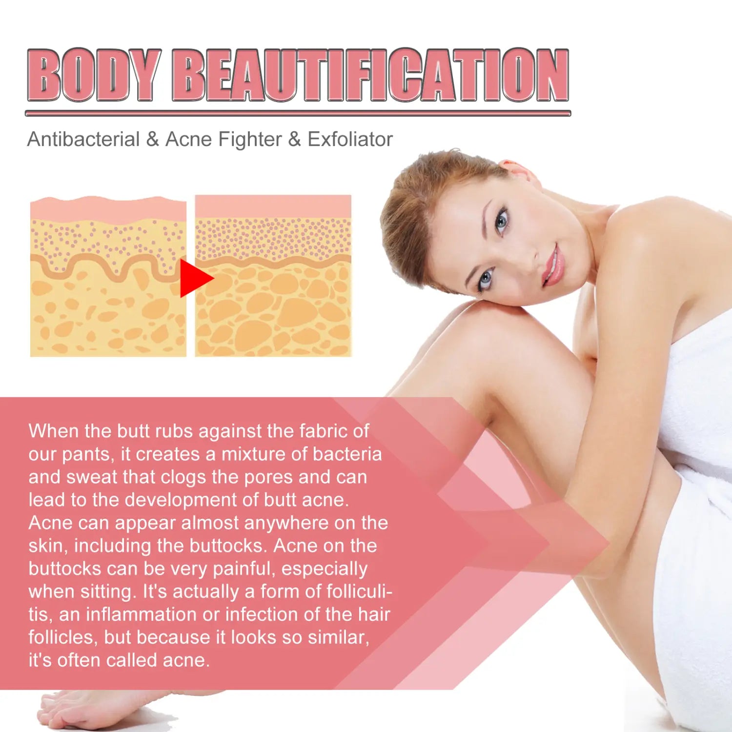 A woman with light brown hair and blue eyes wearing white underwear using pink heart exfoliating bath soap that removes acne.