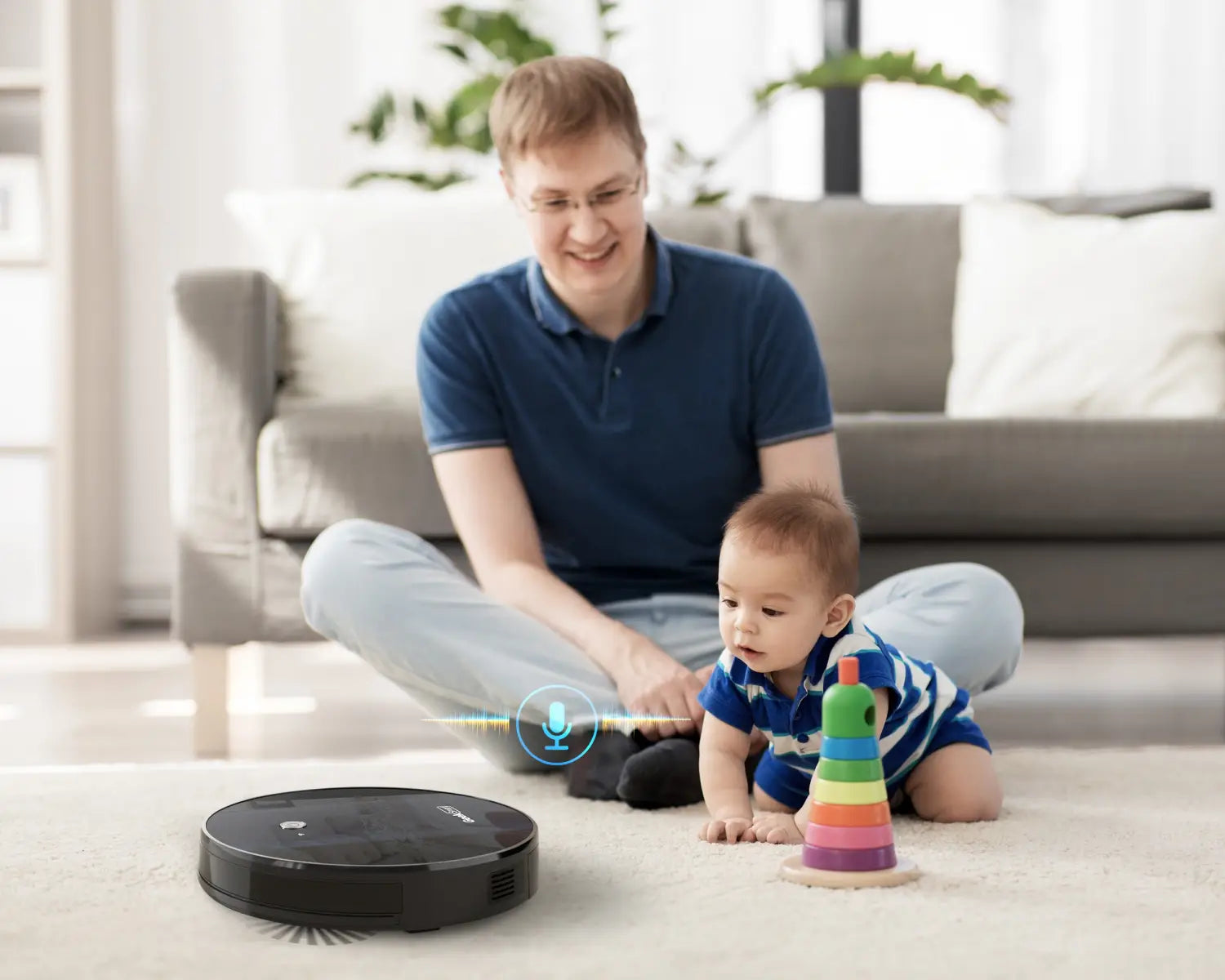 Black circular robot vacuum with a sleek matte finish and subtle branding on top designed for strong suction by Geek Smart.