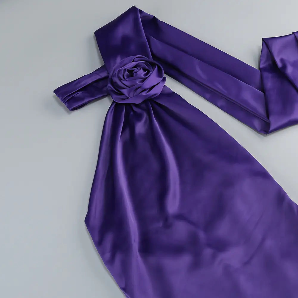 a rich purple satin cravat with a matching rose-shaped knot complements the one shoulder fitted high waist purple satin rose gown in a high waist pure color.