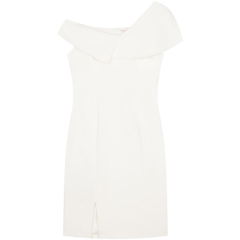 A sleek off the shoulder split white dress with a fitted silhouette and subtle front slit.
