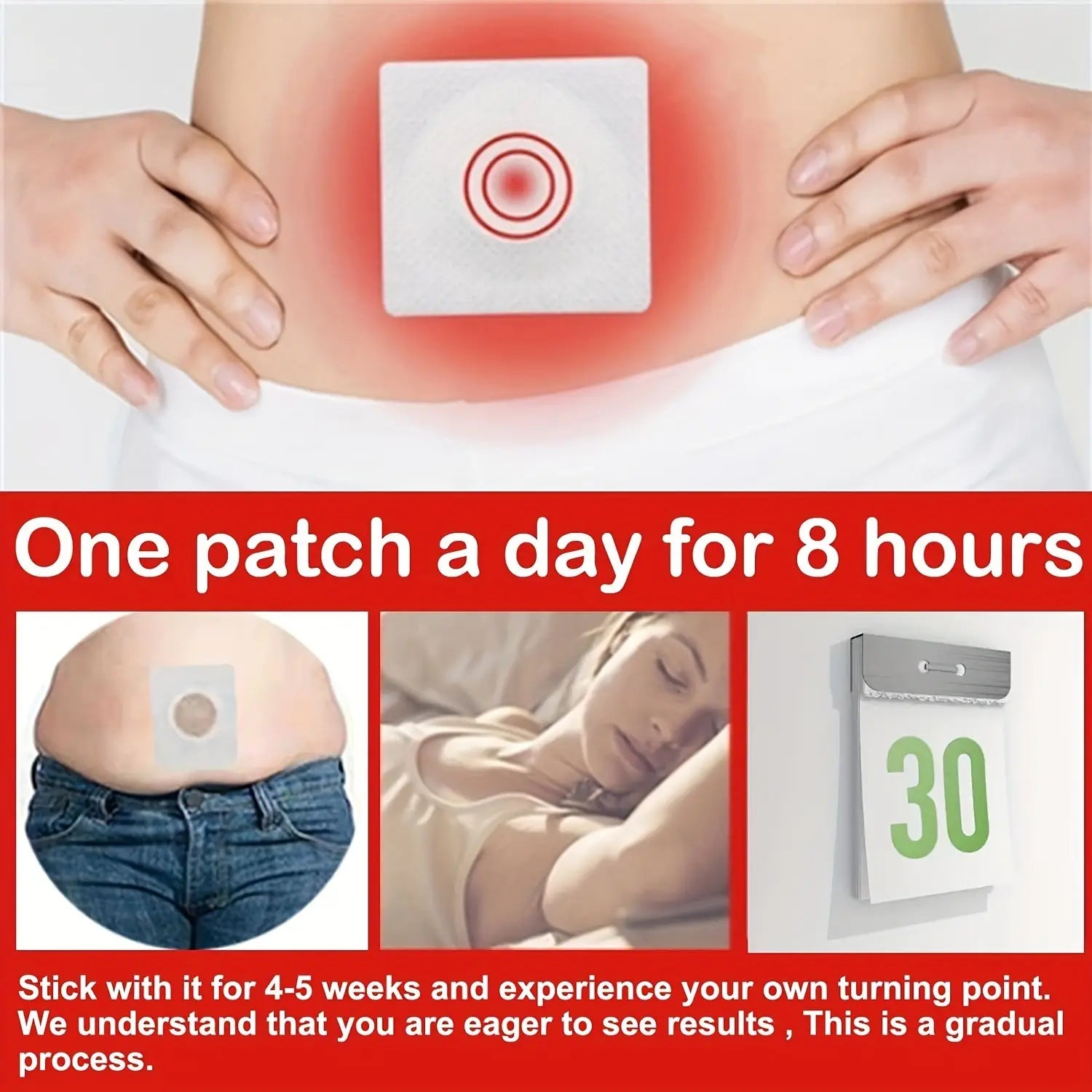 white square adhesive belly button patch with a red concentric circle design for magnetic slimming and navel belly button use