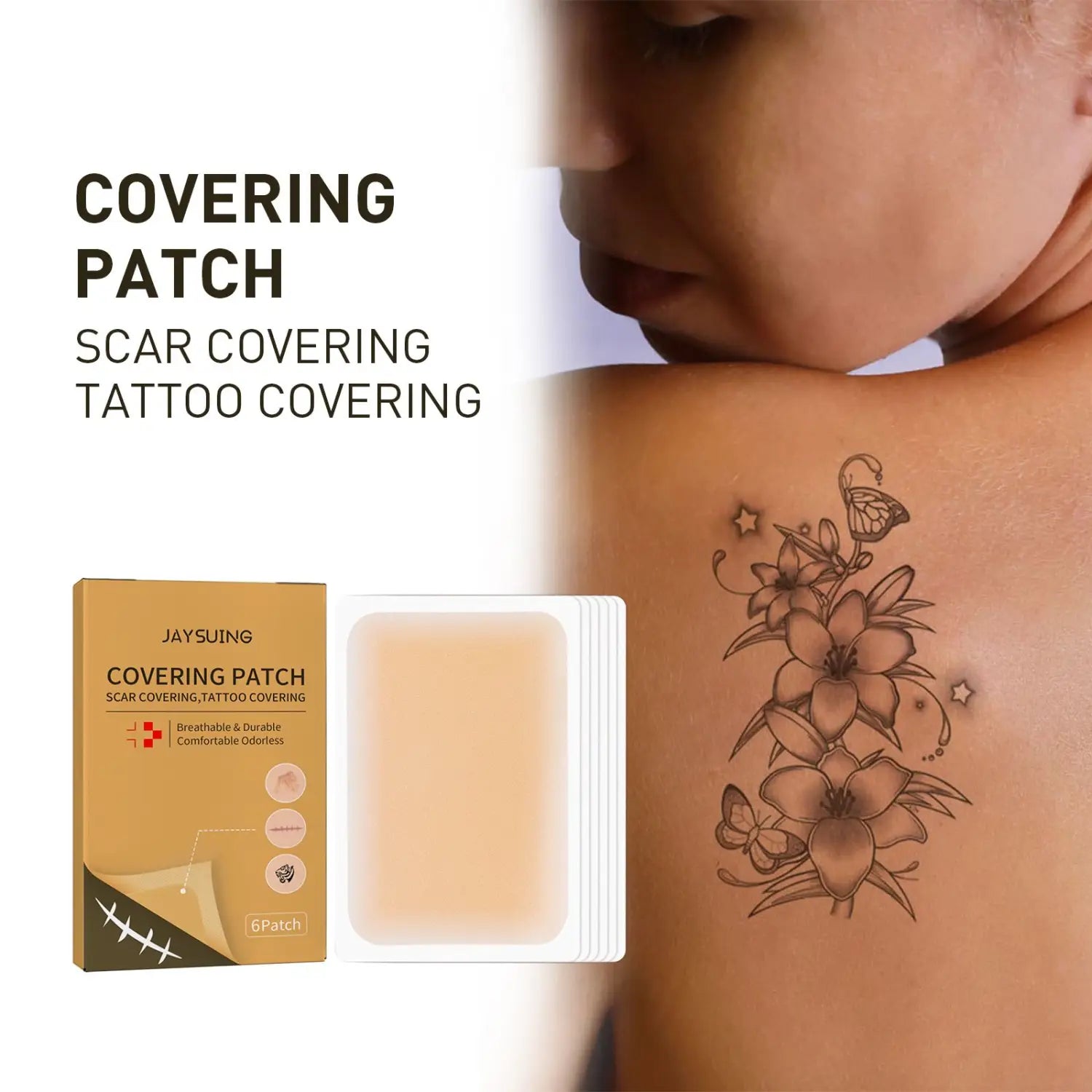 Jayswing invisible concealer skin mask patch featuring beige adhesive sheets designed for scar and tattoo covering.