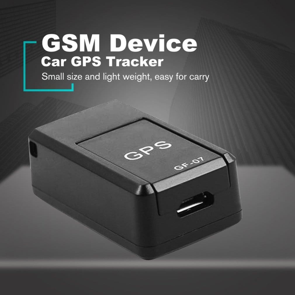 black rectangular gsm car gps tracker with gps and gf-07 printed in white designed for real time tracking with sim card support in the gf07 real time magnetic mini gps tracker model