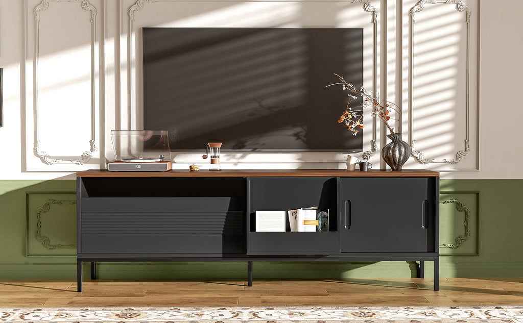 Walnut modern TV stand with metal frame and sliding doors – view 6
