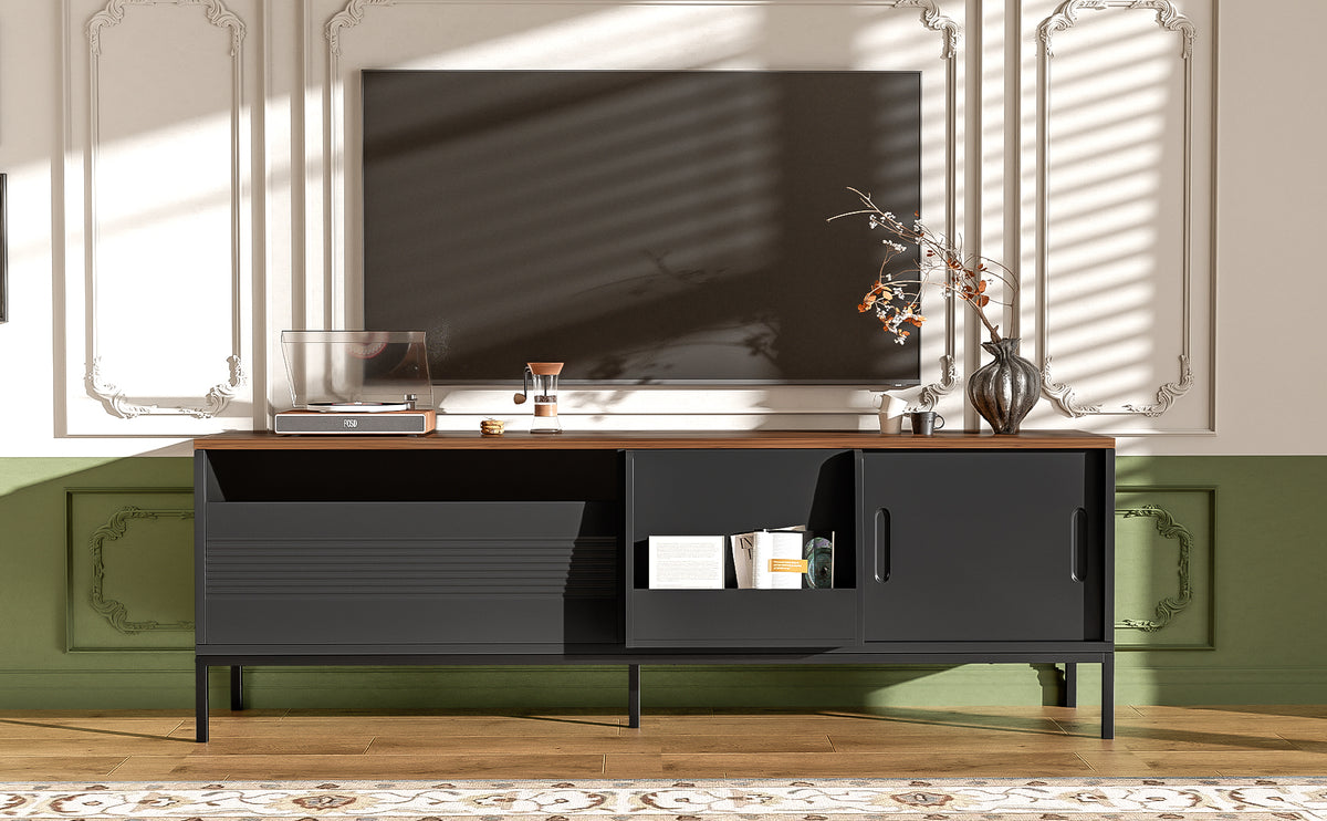 Walnut modern TV stand with metal frame and sliding doors – view 6