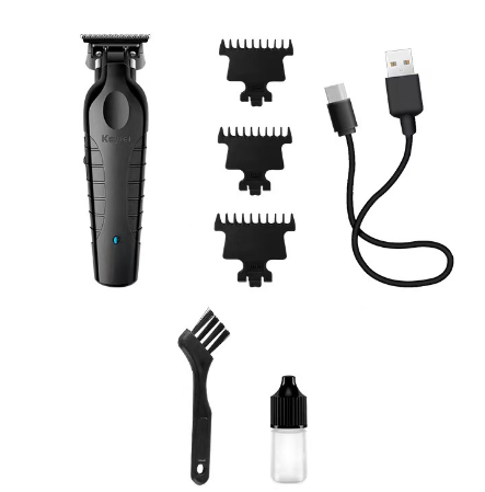 Black kemei professional hair clipper set includes a professional hair clipper with three adjustable comb attachments, usb charging cable, and cleaning tools for precise grooming.