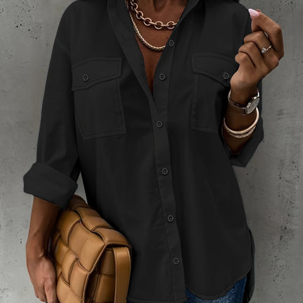 Loose Long Sleeve Lapel Shirt With Pockets Top - Royalessencelux