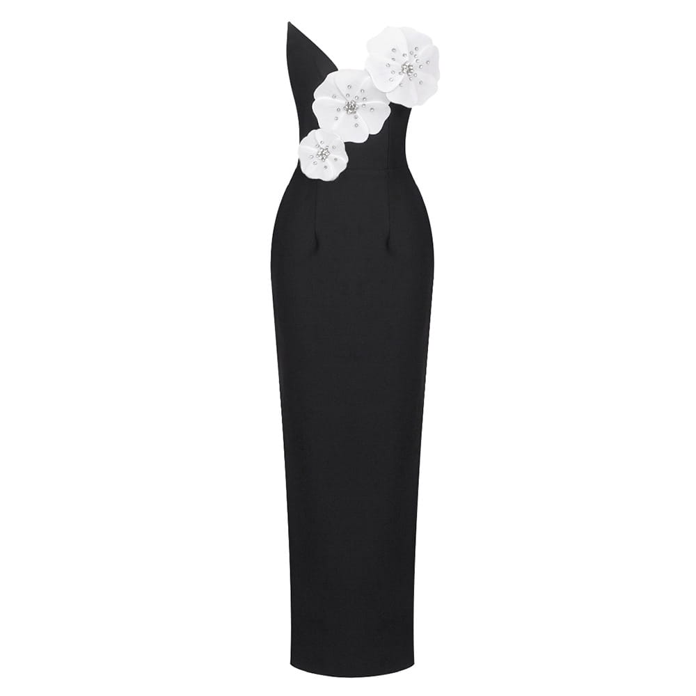 black backless bandage gown in satin featuring a bandage chest with white three-dimensional floral embellishments on the shoulder