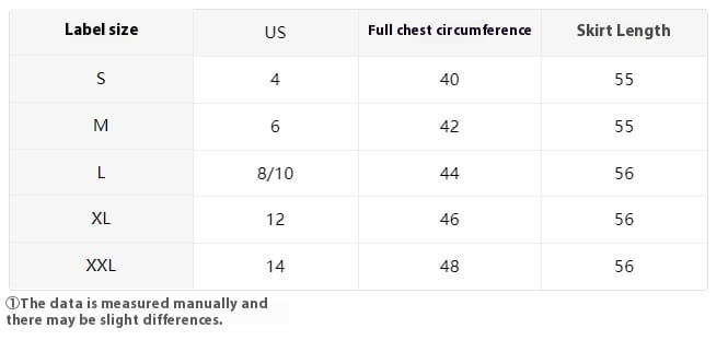 Size chart for a women’s embroidered rhinestone bead long sleeve maxi dress displaying US sizes with corresponding full chest circumference and skirt length measurements.
