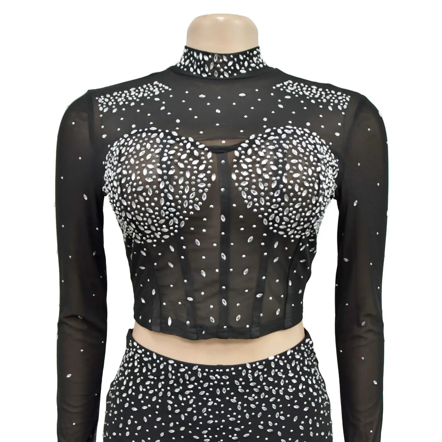 black sheer long sleeved crop top featuring sparkling white rhinestones on pure color mesh bodice and sleeves from the black gold color mesh rhinestone two piece set