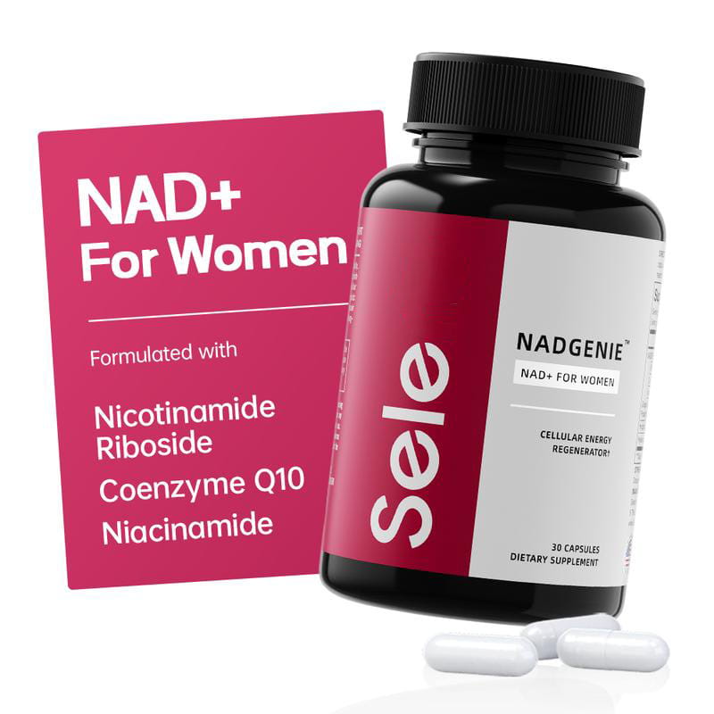Black bottle of Sele Nadgenie NAD plus female skin anti-aging supplement for women dietary use with red and white label containing 30 capsules.