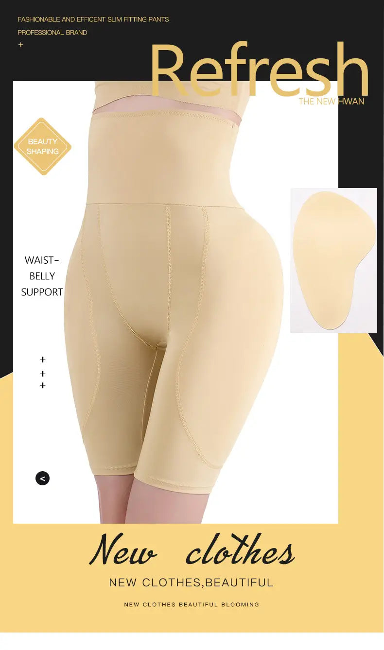 Beige high waist body shaper pants with slim-fitting, smooth, form-contouring fabric designed for tummy control and fat burning high performance.