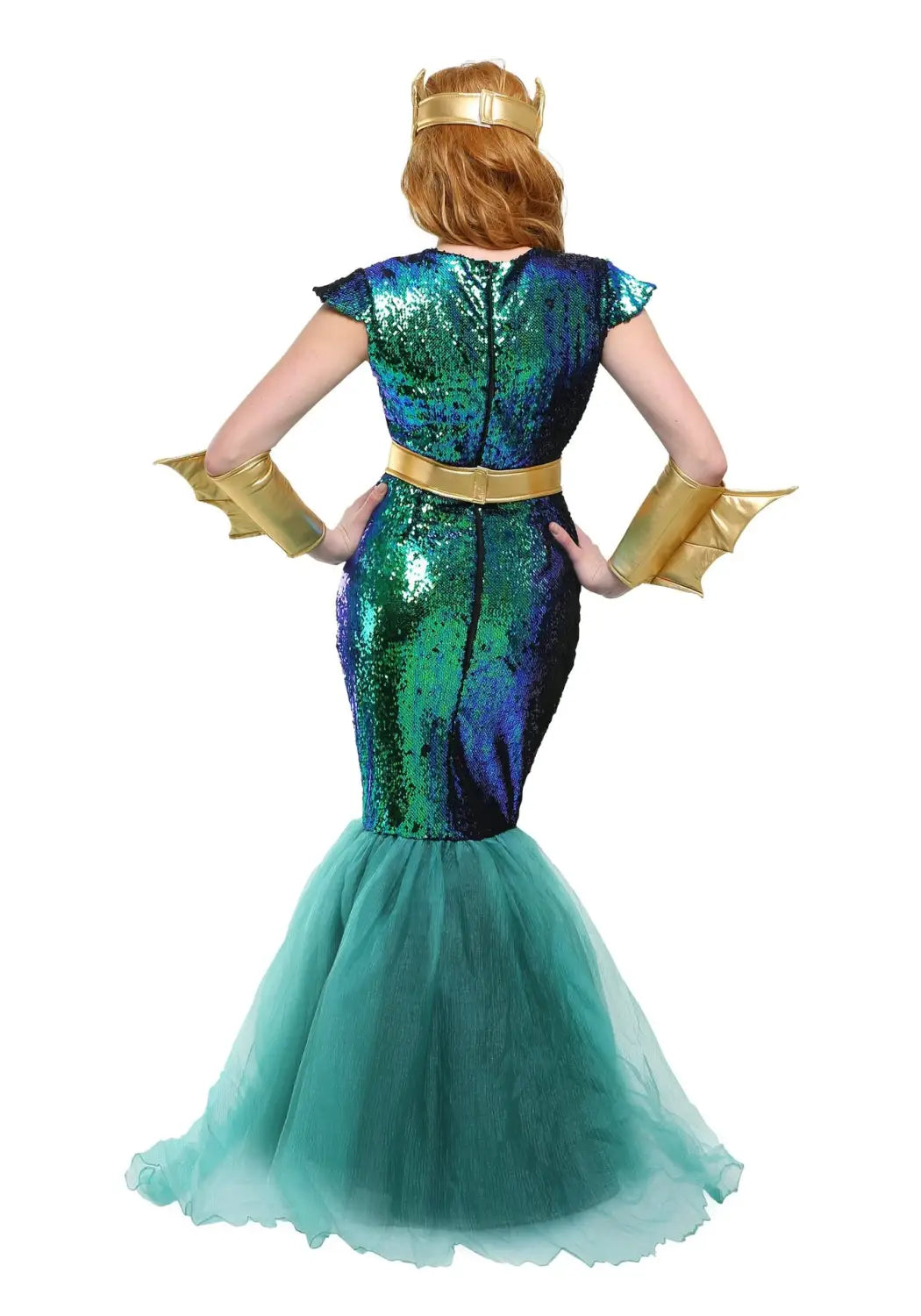 a shimmering teal and blue sequined mermaid costume with gold crown belt and arm cuffs designed for the queen king god poseidon queen king god of war costume
