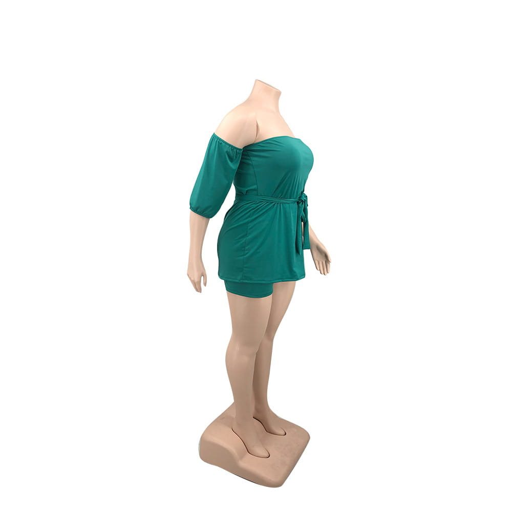 plus size ladies teal off-the-shoulder romper with three-quarter sleeves and a tied waistband made with comfort stretch fabric for an elegant and comfortable fit