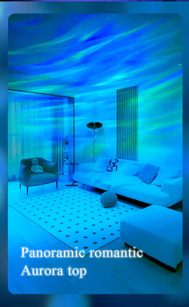 a blue and green double effect northern lights projector lamp casting a panoramic romantic sky effect across the ceiling