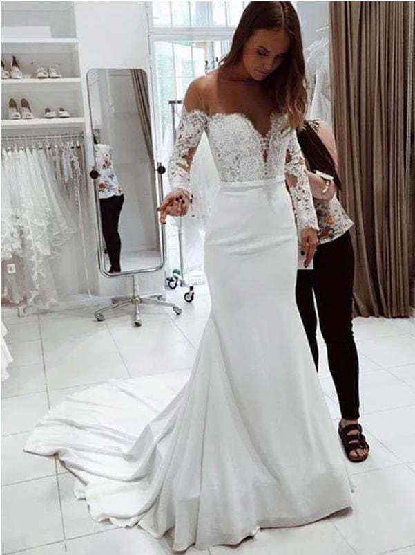 White lace and satin mermaid wedding dress with off-the-shoulder long sleeve shoulder lace long design.