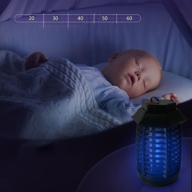 A blue led aromatherapy mosquito lamp with a black top and grid-like translucent body designed as an electric uv mosquito killer.