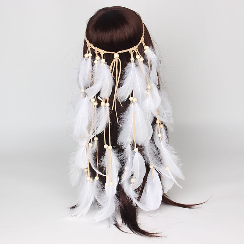 White feather hairband with braided beige cord and small cream colored beads as elegant feather hair accessories and hair accessories.