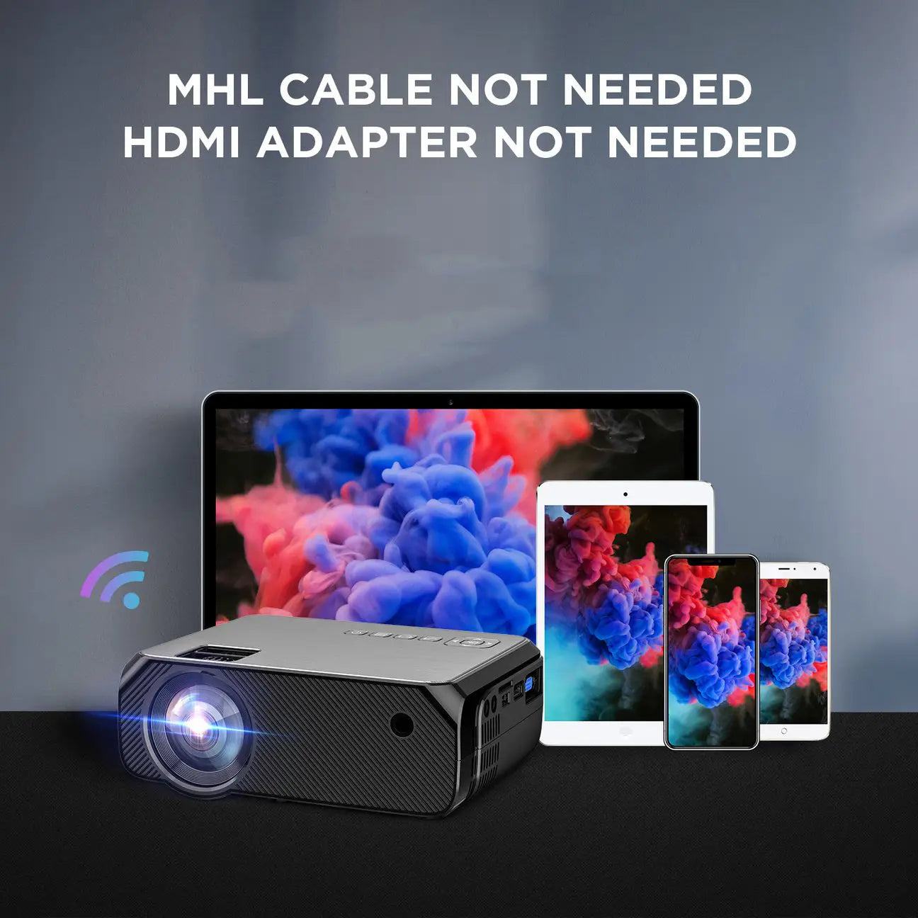 Compact silver and black wireless screen projector home with a textured finish for high definition projection.