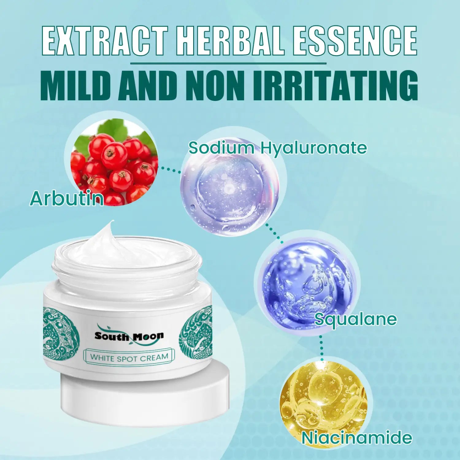 white ceramic jar of south moon brightening spot whitening cream with green dragon-themed label and piped cream on top for targeted brightening spot whitening use