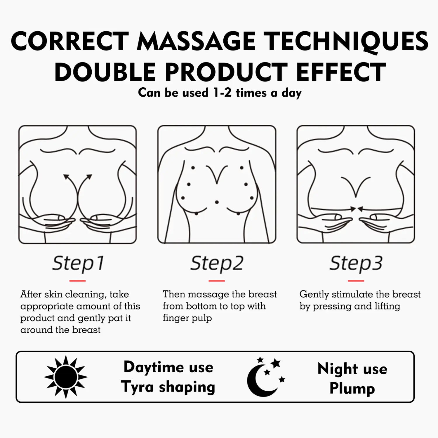 this is the back side of the beauty ball essential oils breast firming massage product showing double-effect instructions for daytime tyras shaping and nighttime plump use with essential oils.
