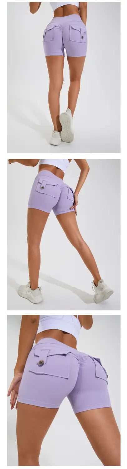 lavender high waist hip lifting shorts with multiple side pockets and button closure designed for comfortable athletic wear
