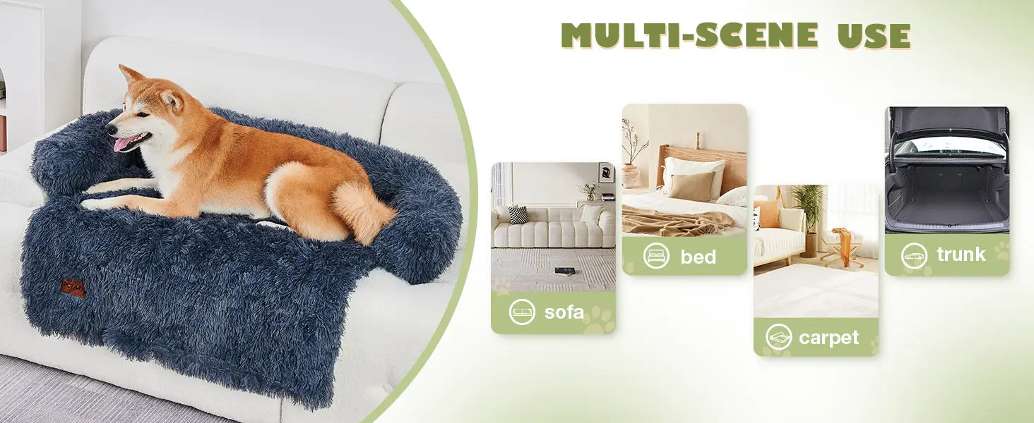 a fluffy plush dog couch bed mat in navy blue with a shaggy texture and cozy rounded design for comfortable pet lounging