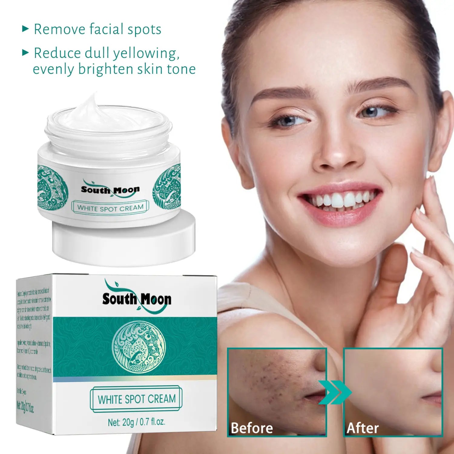 South moon brightening spot whitening cream in a white jar with green decorative swirls is displayed alongside its matching box.