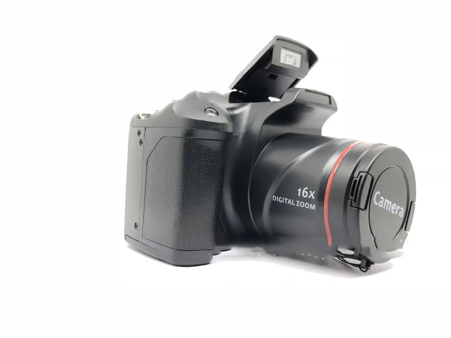 Black xj05 digital video camera with 16x zoom lens and red accent ring featuring a flip-up lcd screen for versatile shooting.