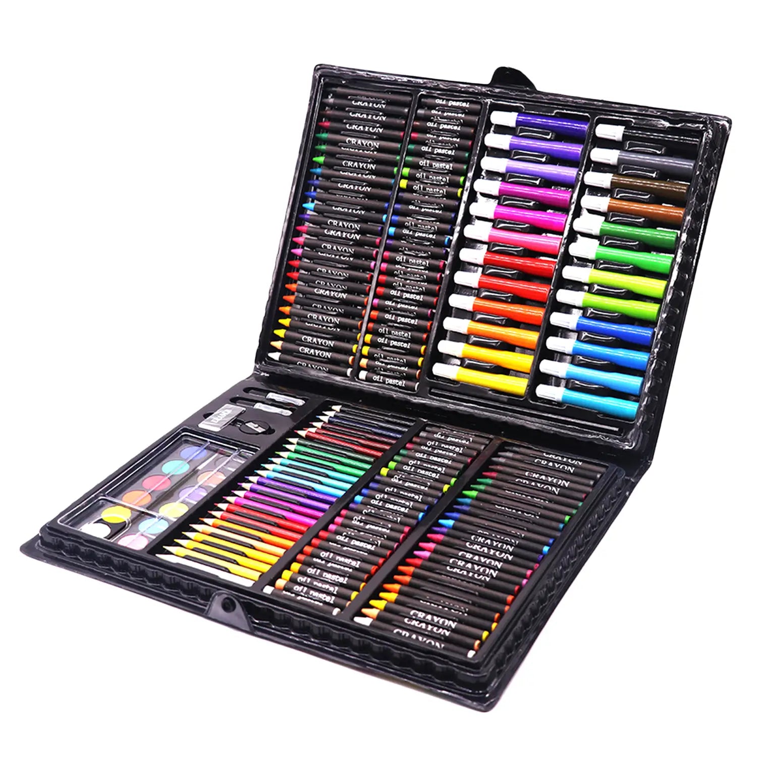 black plastic case containing a 100-piece set of colorful watercolor pens and markers with white caps, organized in compartments, as part of a comprehensive pen set and painting set